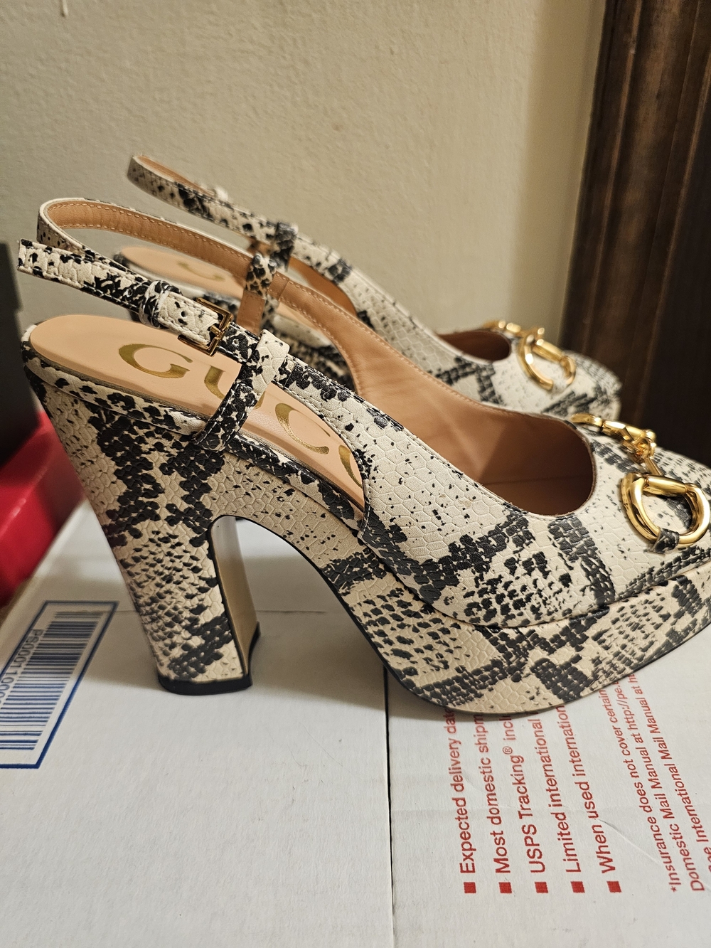 Gucci Women's White/Black Snake-Print Slingback Heels